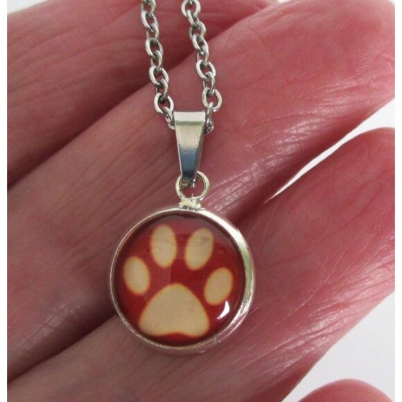 New Red Paw Print Pendant Necklace With 18" Stainless Chain Animal Lover Gift - Picture 2 of 6